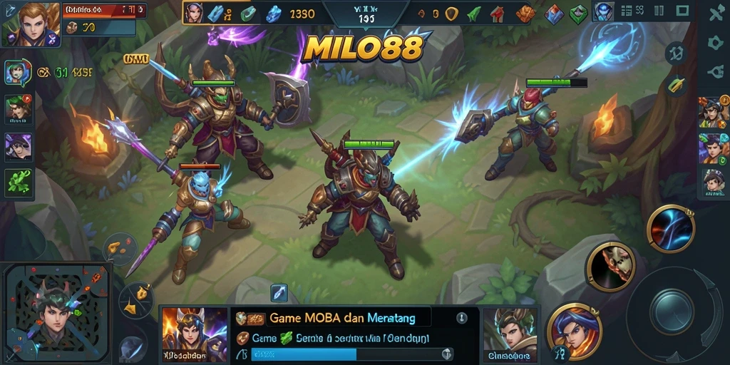 Screenshot menunjukkan pertarungan epik dalam game MOBA.