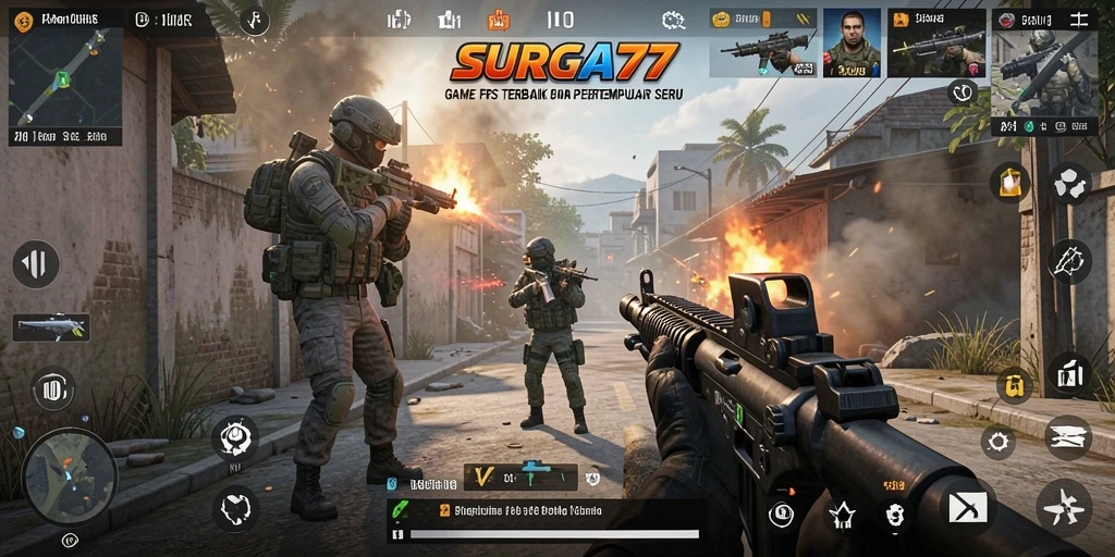 Tangkapan layar utama SURGA77 menampilkan aksi pertempuran mendebarkan dalam game FPS.